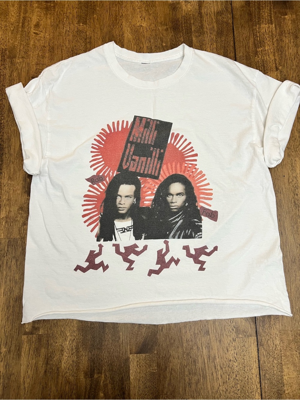 Vintage-Style White Graphic Men’s Crop T-Shirt. Milli Vanilli
